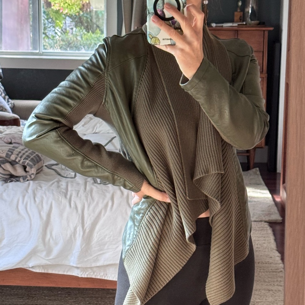 Olive Green Women's Vegan leather sweater jacket